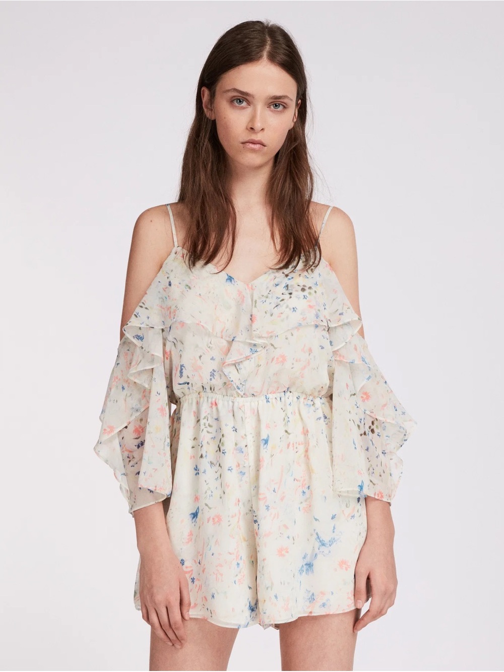 ALLSAINTS Jasmine Juni Floral Cold Shoulder Ruffle Playsuit Romper US 0